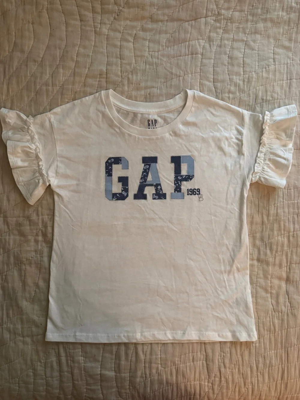New GAP Girls White Tee with Blue Logo and Ruffle Sleeves